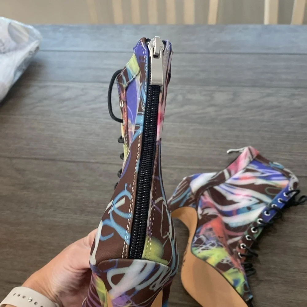 NWT BURJU Sofiya graphic multi color Open Toe Lace Up Ankle Boots | 6 1/2 - Picture 8 of 12